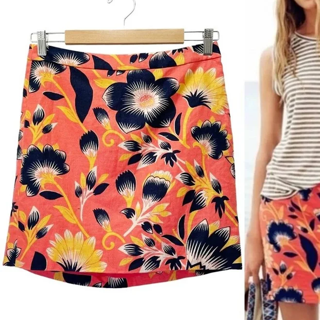 skirt J. Crew Linen Postage Stamp Mini Skirt Coral Navy Hibiscus Floral eBay - tinangel75 $20