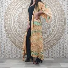 kimono Javeda women's long kimono in Indian silk. Boho kimono with wide sleeves. Orange, green, and gold print. Boho kimono. Gift for women. Indian. Etsy $60.47