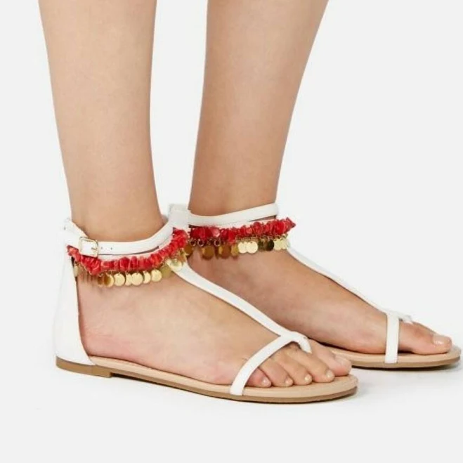 shoes Justfab Vina White Flat Sandals T-strap W/ Coral Beading & Gold Disc eBay $25