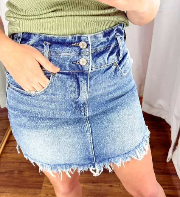 skirt KanCan Alana Fringed Hem Denim Mini Skirt L Zen + Zeus Clothing Co. $30