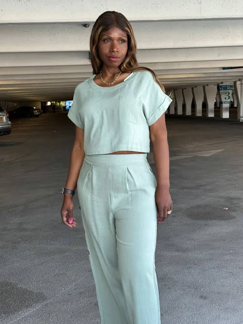 matching set Kelly Short Sleeve Linen Crop Top & Pants Set ChaCha Platinum Style $49.99