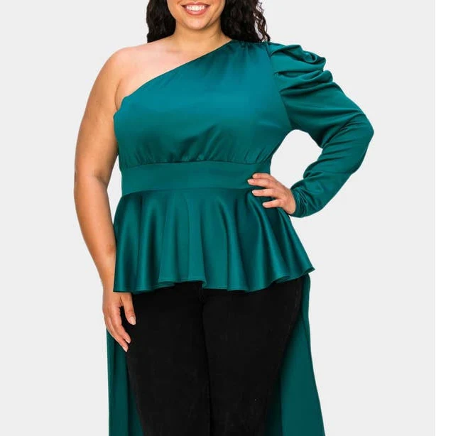 one shoulder top L I V D Nicolette One-Shoulder Peplum Top in Emerald at Nordstrom, Size 3X Nordstrom $34