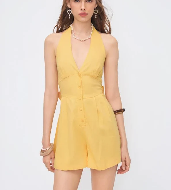 jumpsuit Linen-Blend V-Neck Button Bowknot Backless Romper Cider $37.9