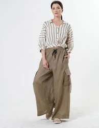 pants Linen Cargo Palazzo Pants in Khaki Metamorphoza $159.85