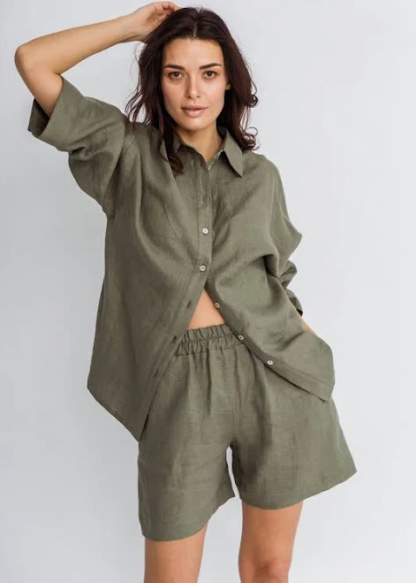 matching set Linen Lounge Set In Olive / Linen Shorts / Linen Shirt eBay $125