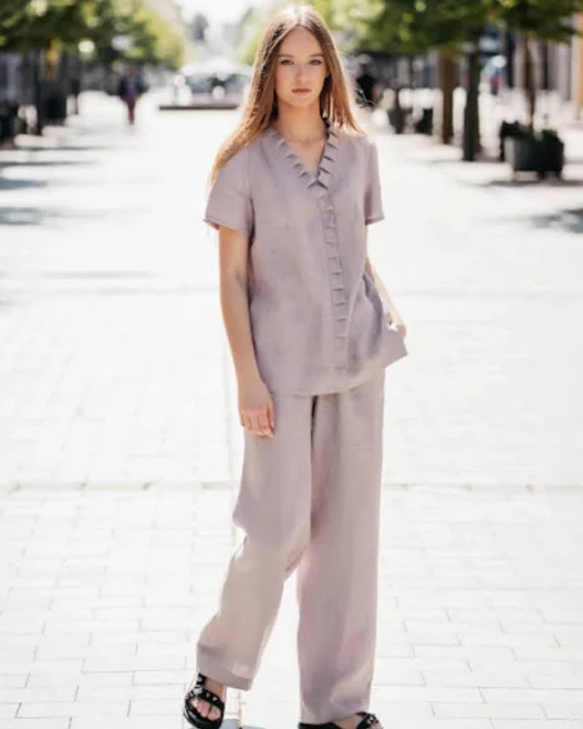 matching set Linen Pleated Blouse & Wide-Leg Pants Set Etsy - Seller $190.03