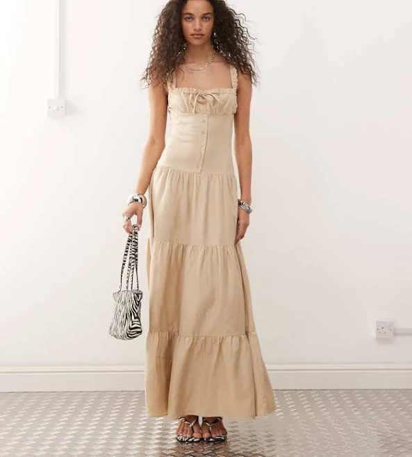 dress Lioness Heart Shaped linen blend milkmaid button detail tiered maxi dress in beige-Neutral ASOS $77.5