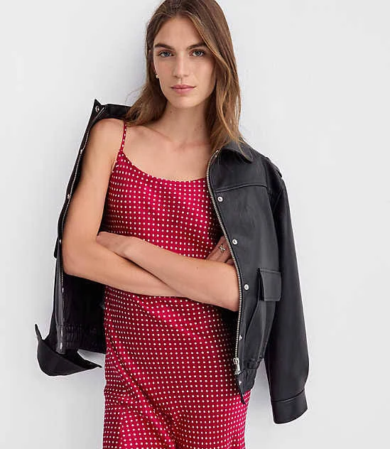 dress Loft Women's Dotted Satin Strappy Bias Midi Dress LOFT $66