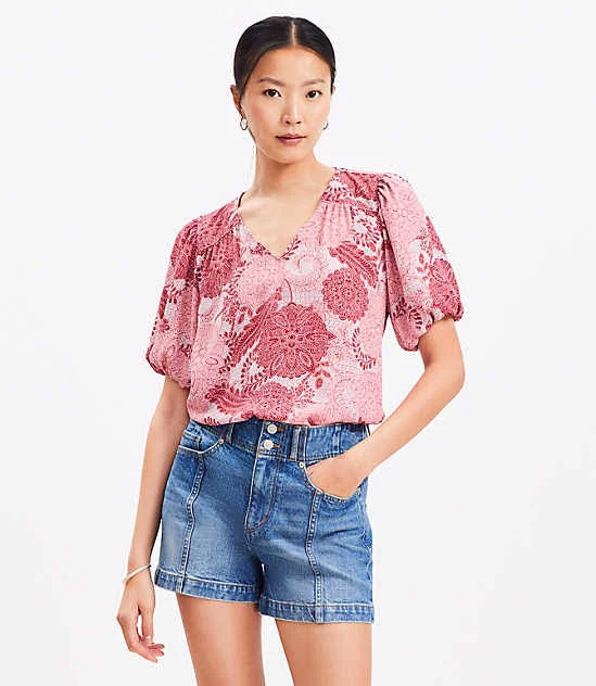 top Loft Women's Floral Bubble Sleeve Mixed Media Blouse LOFT $21