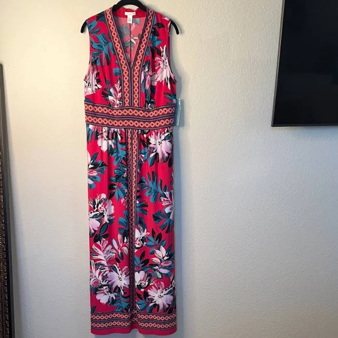 dress London Times Dresses | London Times Coral Pink Floral Maxi Dress With Teal & White Accents | Color: Green/Pink | Size: 14w | Cassycloset24's Closet Poshmark $22