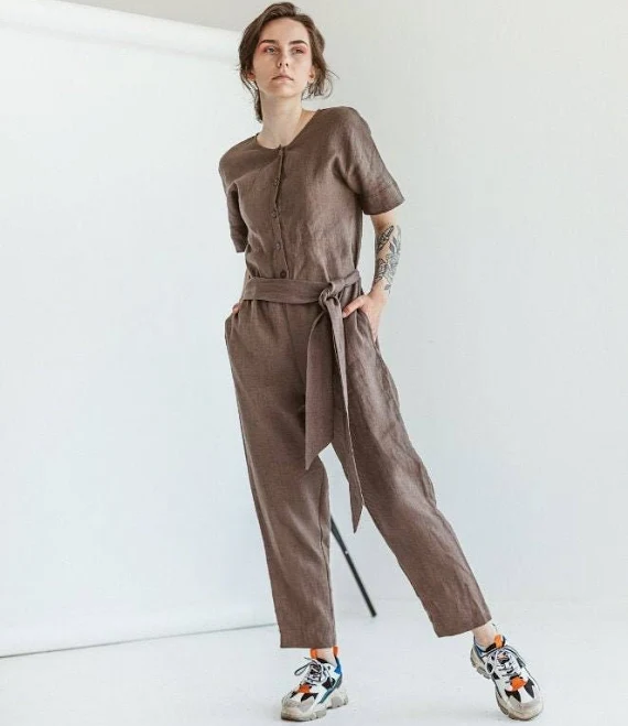 jumpsuit Loose Fit Linen Jumpsuit with Buttons Etsy - SandSnowLinen $145.88