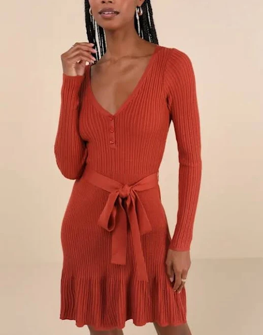 dress Lulus Cozy Poise Rust Orange Henley Long Sleeve Mini Sweater Dress eBay - cookiepie510 $48