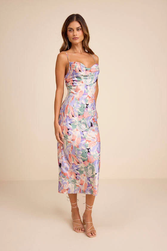 dress Lulus Floral Satin Cowl Neck Slip Midi Dress Lulus $69