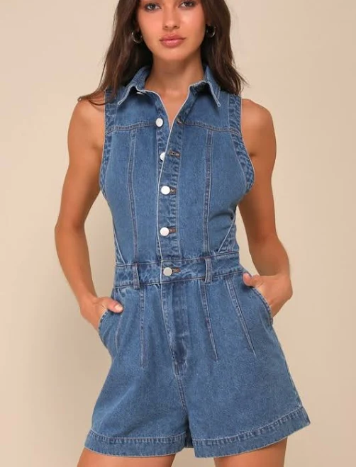romper Lulus Irresistible Days Collared Sleeveless Denim Romper Lulus $69