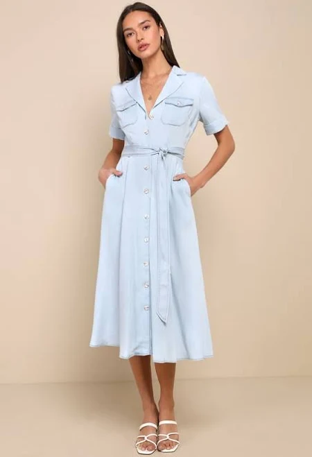 shirt dress Lulus Women's Chambray Collared Midi Dress with Pockets Lulus $69