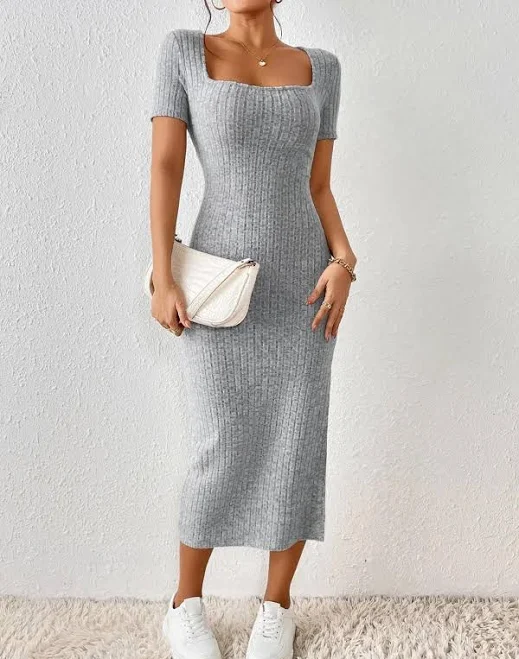 dress Minimalist Ribbed Knit Midi Dress with Pencil Slit Etsy - Seller $58.99