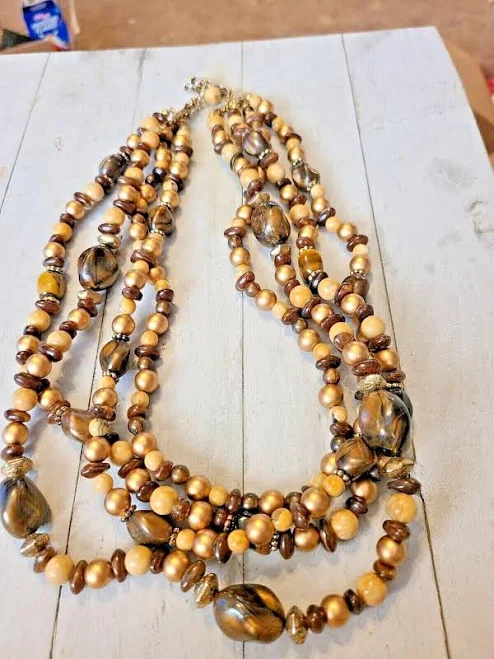 accessory Nice 4 Layer Beaded Necklace Gold Bronze Brown Beads Mixed 5002 eBay - thethreemeows $38