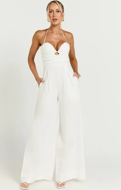 jumpsuit Norah Halter Neck Wide Leg Linen Jumpsuit Showpo $99.95
