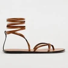 shoes NWT Zara Flat cow Leather Strappy Gladiator Sandals Tan Brown Wrap Ankle Tie 40 eBay $40