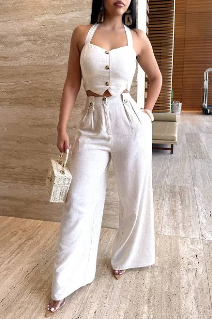 matching set Oatmeal Linen Cropped Vest and Pants Set hotmiamistyles.com $59.99