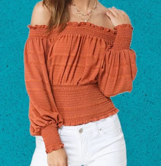 off-shoulder top Off Shoulder Smocked Top Maxi Laine’s Boutique $36
