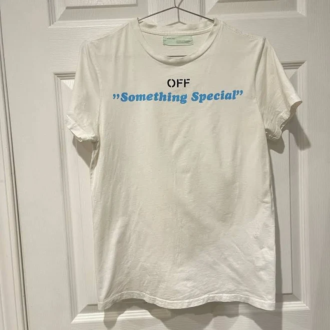 top Off-White Tops | Off-White White Tee With Blue Text | Color: Blue/White | Size: M | Immathatgirl's Closet Poshmark $120