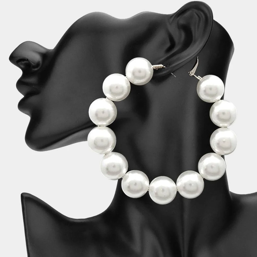 accessory Oversized Pearl Hoop Earrings - Cream, Gold Madeline Love $26.25