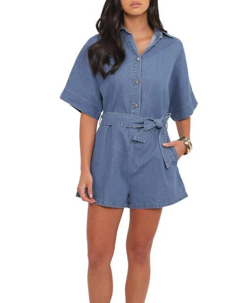 romper Petal & Pup Women's Hailey Belted Cotton Denim Romper Nordstrom $76.3
