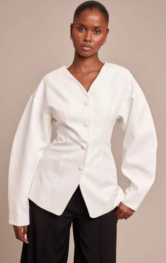 lace outfits PrettyLittleThing Women's Collarless Fabric Covered Button Blazer in Cream | Size: 6 Nasty Gal - US $60.5