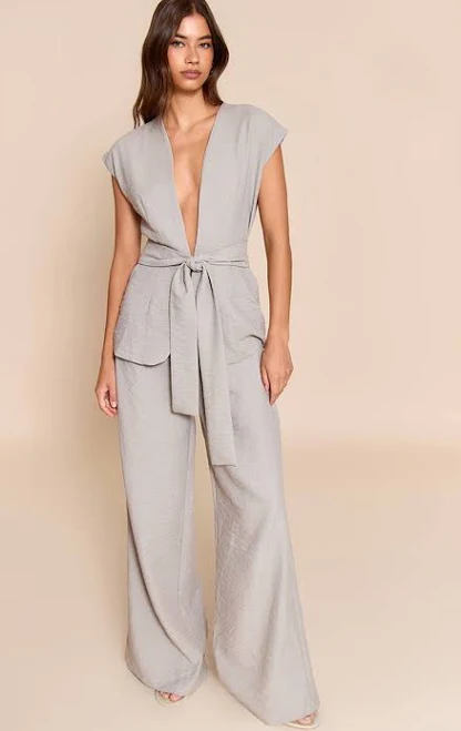 jumpsuit PrettyLittleThing Women's Taupe Textured Tie Waist Jumpsuit in Grey | Size: 6 Nasty Gal - US $43.5