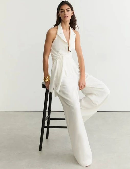 jumpsuit Reiss Womens Rust Orange Taya Tie-Front Wide-leg Jumpsuit with Linen Reiss $355