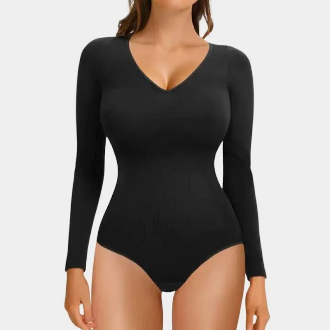 top Ribbed V Neck Long Sleeve Bodysuit Luxmery $35.96