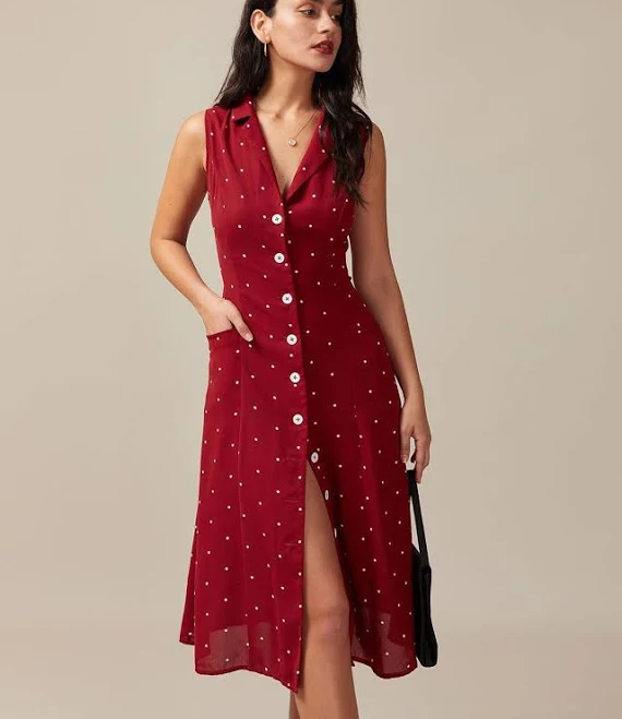 dress Rihoas Polka Dot Sleeveless Button Down Midi Dress with Pockets Rihoas $44
