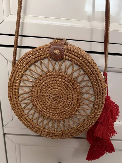 bag Round Wicker Crossbody Bag With Red Tassel And Brown Leather Strap eBay $55