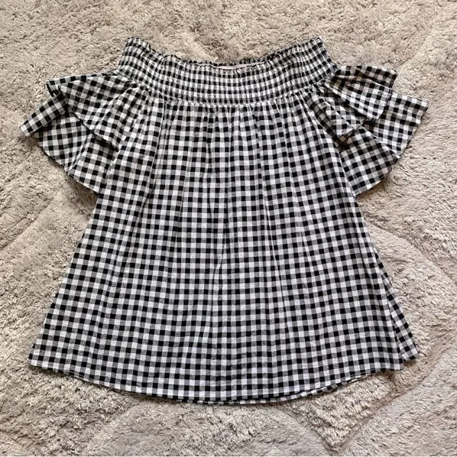 off-shoulder top She + Sky Off-The-Shoulder Smocked Gingham Top Poshmark $9