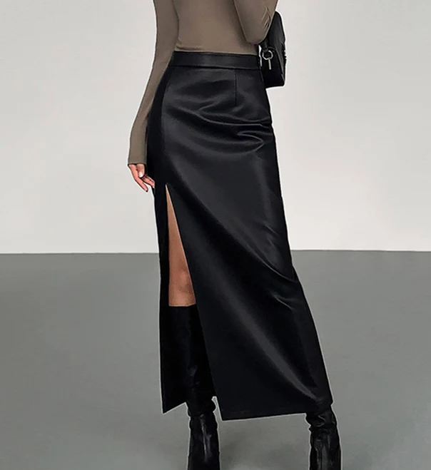 skirt Side Split PU Leather Midi Skirt Commense $36