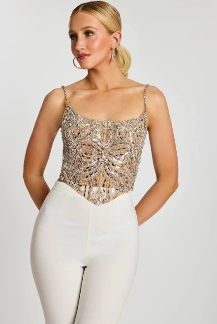crop top Silver Beaded Corset Top with Sequin Straps 40026 Jovani $440