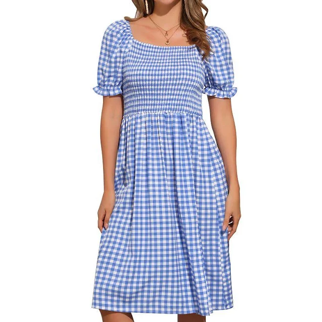 dress Smocked Gingham Square Neck Puff Sleeve Plaid Midi Dress Kohl's $28.85
