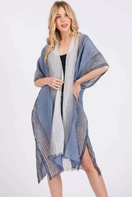kimono Striped Two Tone Cover Up Kimono Navy DiscountDressShop $22