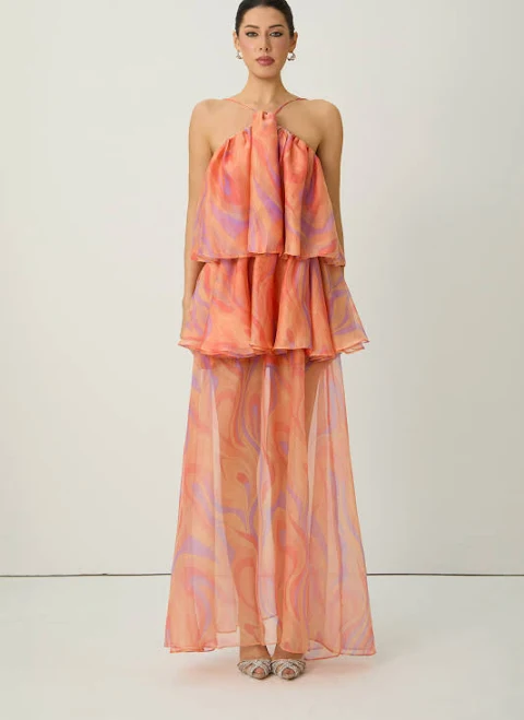 dress Sweet Sophistication Coral Abstract Print Halter Maxi Dress sunfere $130