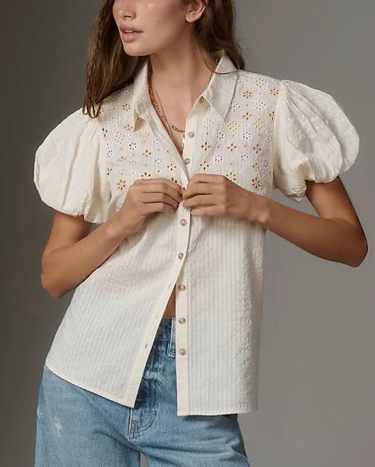 top The Aly Eyelet Puff-Sleeve Blouse by Pilcro in Ivory, Size: Large at Anthropologie Anthropologie $138