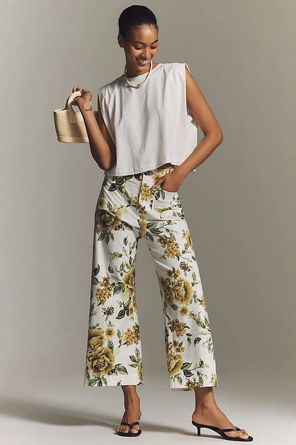 pants The Colette Printed Linen Blend Crop Wide-Leg Pants by Maeve, Size: 23 at Anthropologie Anthropologie $148