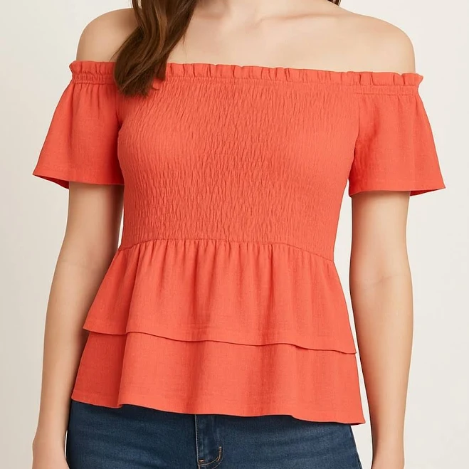 off-shoulder top Tommy Bahama Boho Off Shoulder Blouse Women Coral Smocked Ruffle eBay $34.99