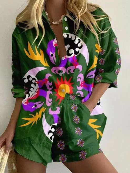 matching set Unique Abstract Print Lapel Shorts And Shirt Two-piece Set, Green · L LikeMyChoice $54