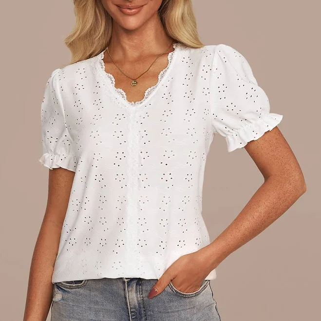 top V-Neck Puff Sleeve Eyelet Shirt Petal Lush $20
