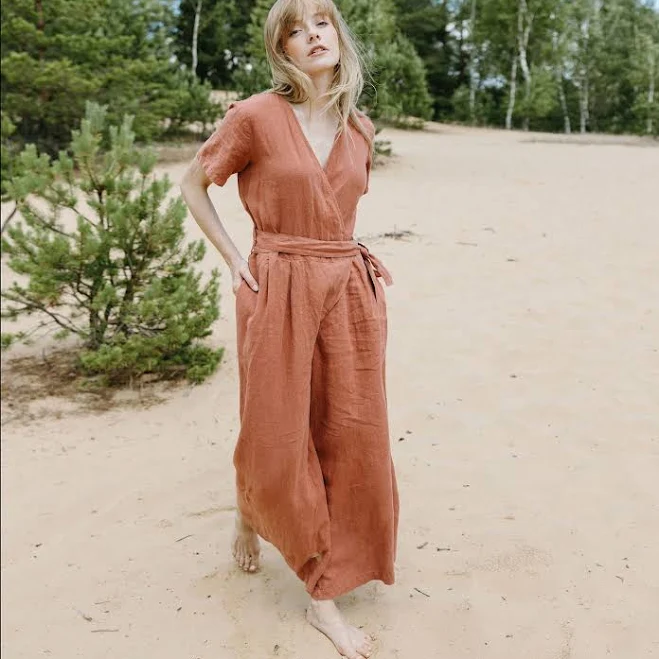 jumpsuit V-Neck Short Sleeve Wrap Culottes Leg Linen Jumpsuit Etsy - Seller $177.57