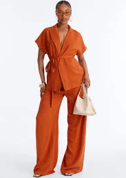 two piece set Vanna Linen Tie Waist Pant Set - Rust Fashion Nova $47.99
