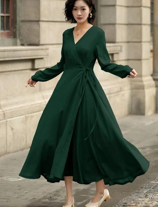 dress Vintage Linen Cotton Wrap Midi Dress Etsy - xiaolizi $80.1