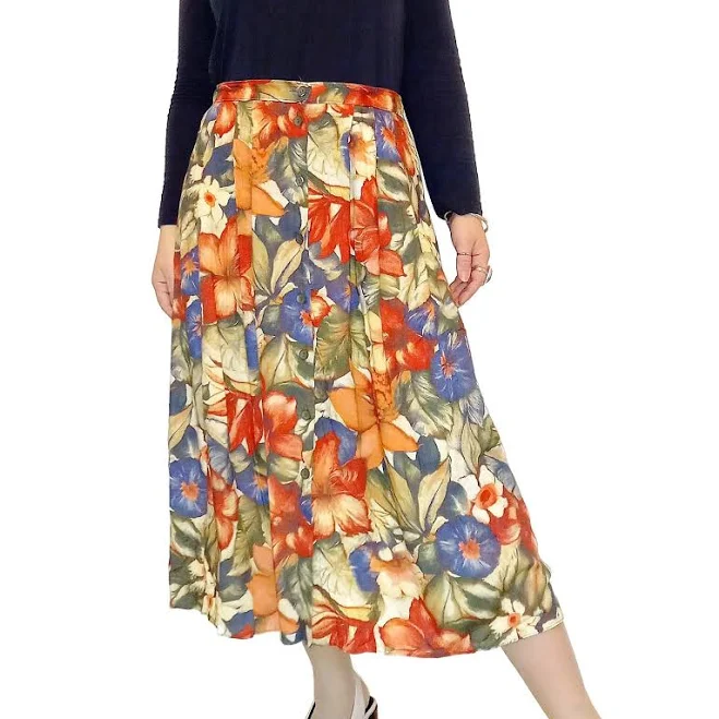 skirt Vintage Rainbow Floral Midi Skirt with Pockets Etsy - BlueMoonTrinketShop $28.28