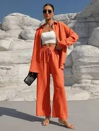matching set VVZ Women's Solid Button Front Shirt & Tie Front Wide Leg Pants Two-piece Set - Orange / M VVZ $45.9